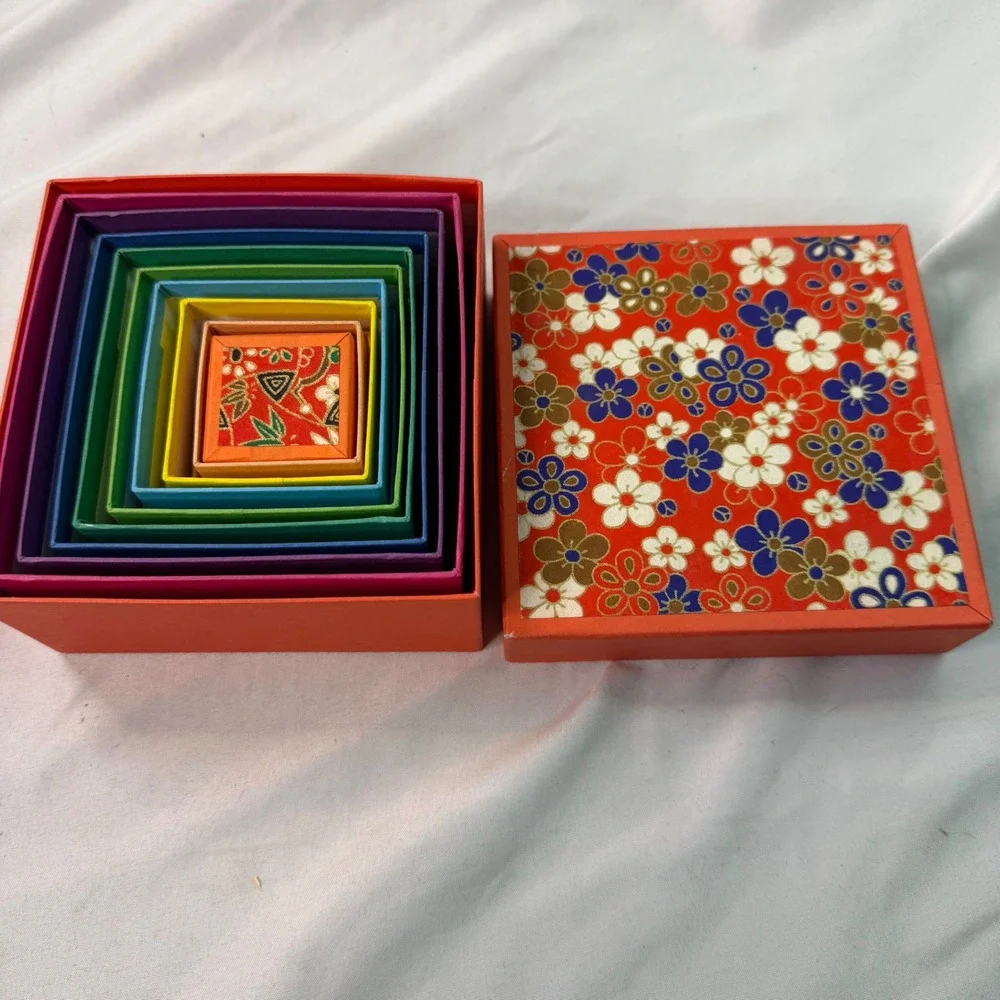 Vintage Japanese Nesting Boxes Set of 10 Chiyogami Washi Paper Floral Rainbow